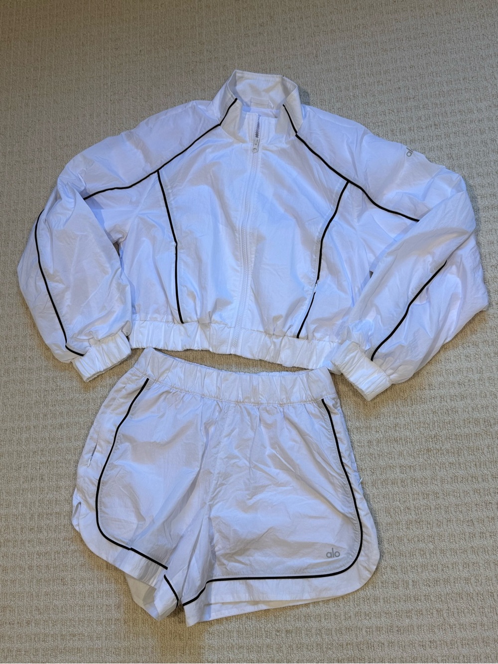 ALO White Athletic Running Shorts & Track Jacket Set w/ Black Piping.
